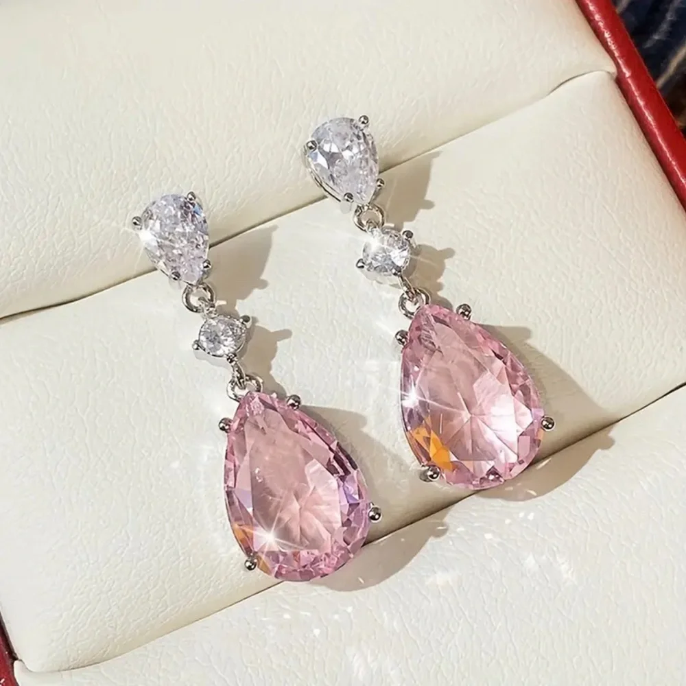 Pink Earrings Cubic Zirconia Pear Shape Rhinestones Luxe Formal Hypoallergenic